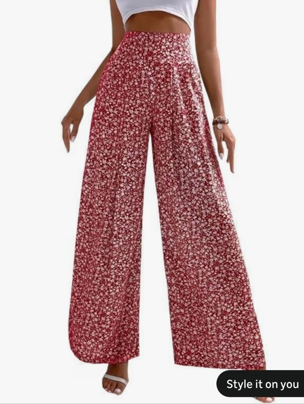 High-Waist Wide Leg Floral Palazzo Pants - Red #11
